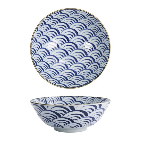 Tokyo Design Studio Ramen Bowl Natsu Nami Blue/White, Porcelain, Ø 21 × 7.8 cm, 1 l