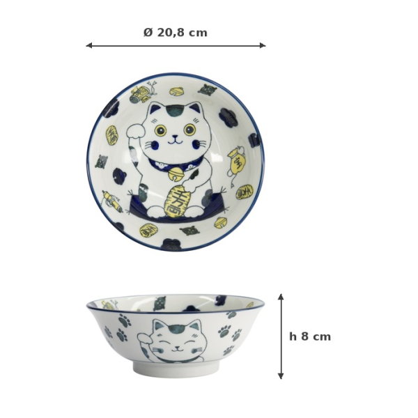 Ramen Bowl Kawaii Lucky Cat Neko Blue, Porcelain, Ø 20.8 × 8 cm, 1 l, Item No. 33010