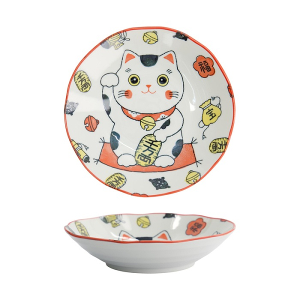 Tokyo Design Studio Pasta Plate Kawaii Lucky Cat Neko Red, Porcelain, Ø 21 × 5 cm