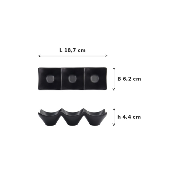 Sauce Dish with 3 Compartments Iwate Black, Melamine, 18.7 × 6.2 × 4.4 cm, 114 ml, Item No. 33287