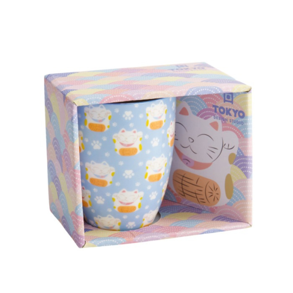 Tokyo Design Studio Tasse Kawaii Lucky Cat Blau in Geschenkbox, Porzellan, Ø 8,5 × 10,2 cm, 380 ml