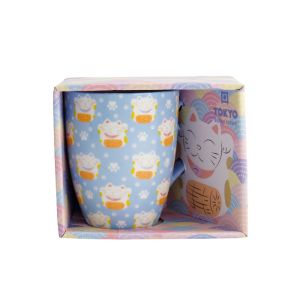 TDS, Mug, Kawaii Lucky Cat, W/ Giftbox, Blue, Ø8.5x10.2cm 380ml , Item No. 33358