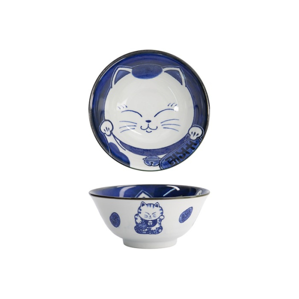 Tokyo Design Studio Tayo-Schale Kawaii Cat Neko Blau (Blau/Weiß), Porzellan, Ø 14,9 × 6,7 cm, 500 ml
