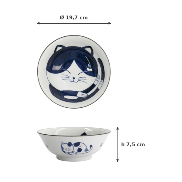 Ramenschale Kawaii Cat Neko Blau (Blau/Weiß), Porzellan, Ø 19,7 × 7,5 cm, 1 l, Art.-Nr. 33417