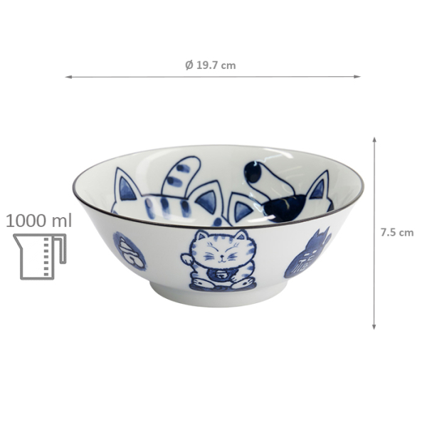 TDS, Ramen Bowl, Kawaii Cat Neko, Blue, Ø 19.7x7.5cm 1000ml, Item No. 33420