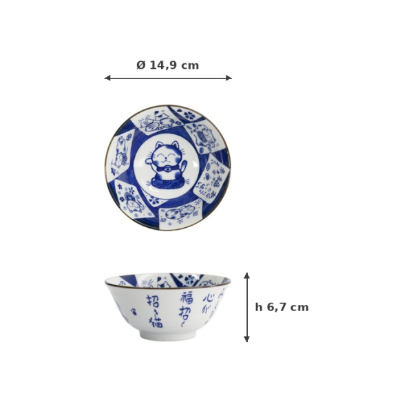 Tayo-Schale Kawaii Cat Neko Blau (Blau/Weiß), Porzellan, Ø 14,9 × 6,7 cm, 500 ml, Art.-Nr. 33485