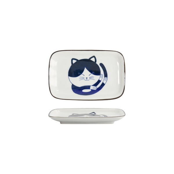 Tokyo Design Studio Rechteckiger Teller Kawaii Cat Neko D Blau/Weiß, Porzellan, 16,3 × 10,2 cm