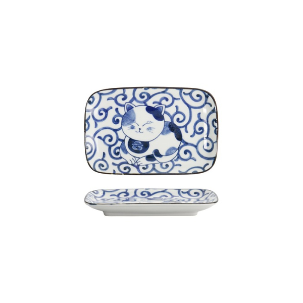Tokyo Design Studio Rechteckiger Teller Kawaii Cat Neko E Blau/Weiß, Porzellan, 16,3 × 10,2 cm