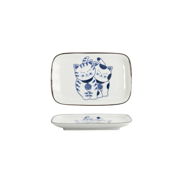 Tokyo Design Studio Rechteckiger Teller Kawaii Cat Neko G Blau/Weiß, Porzellan, 16,3 × 10,2 cm