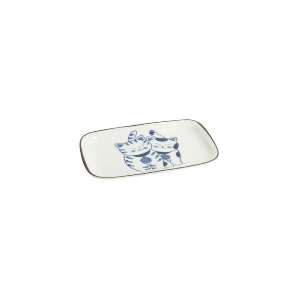 Rechteckiger Teller Kawaii Cat Neko G Blau/Weiß, Porzellan, 16,3 × 10,2 cm, Art.-Nr. 33504