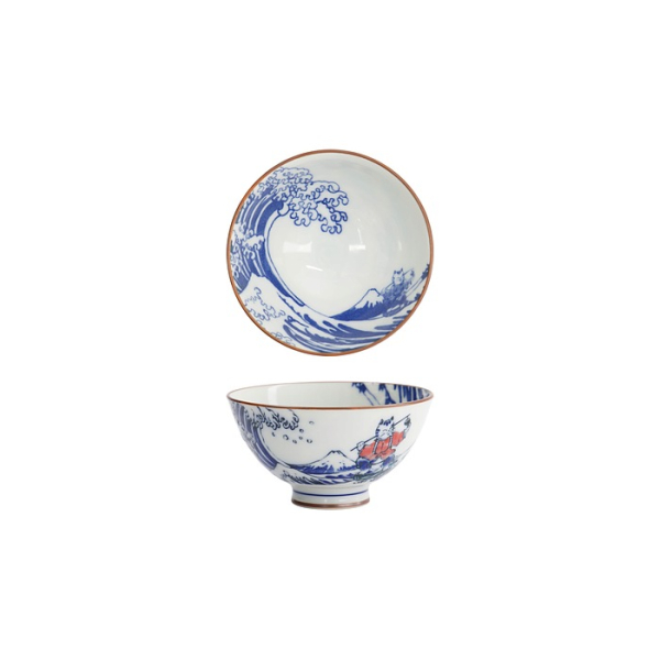 Tokyo Design Studio Rice Bowl Kawaii Wave Cat Blue/Red, Porcelain, Ø 11.5 × 6 cm, 300 ml