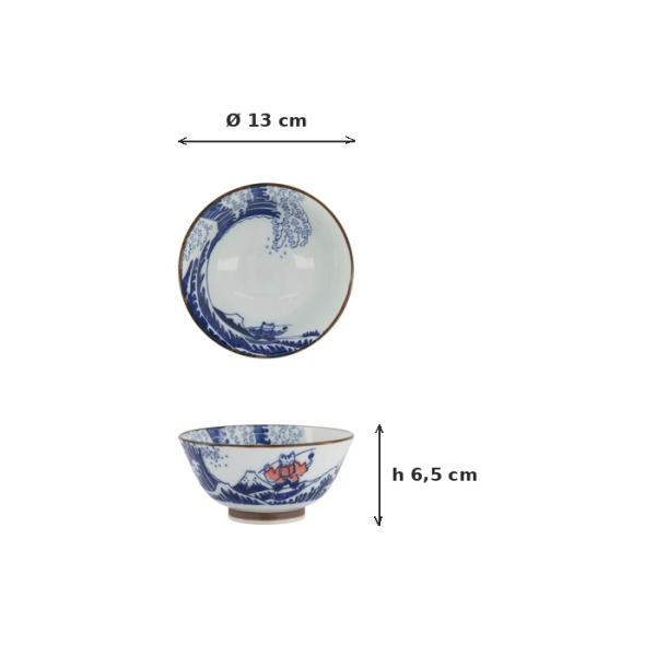 Tayo Bowl Kawaii Wave Cat Blue/Red, Porcelain, Ø 13 × 6.5 cm, Item No. 33599