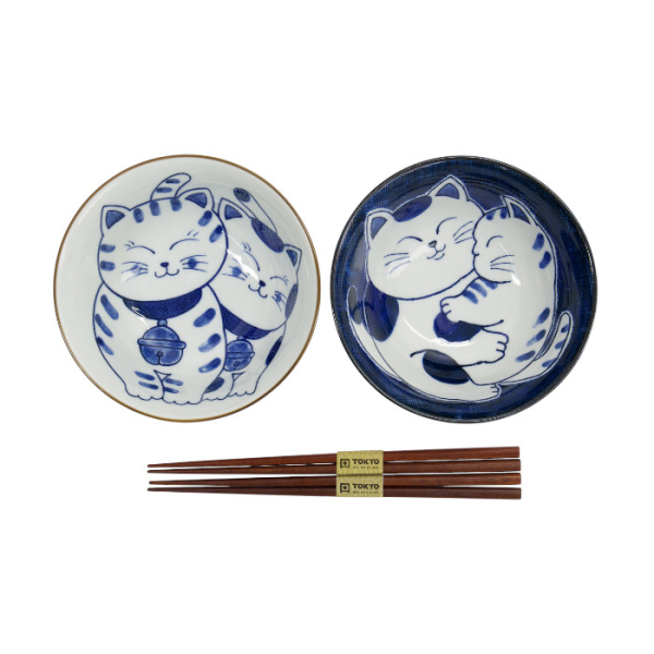 Tayo Bowl Gift Set with Chopsticks Kawaii Cat Blue/White, 2 pcs., Porcelain, Ø 14.9 × 6.7 cm, 500 ml, Item No. 33695