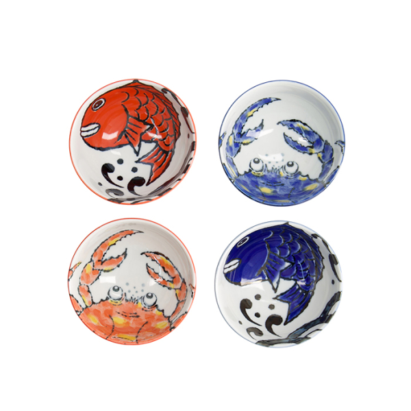 TDS, Bowl Giftset, 4-piece set, Seafood, Snapper & Crab, Blue/Red, Ø 11.2x6.2cm 300ml, Item No. 33697