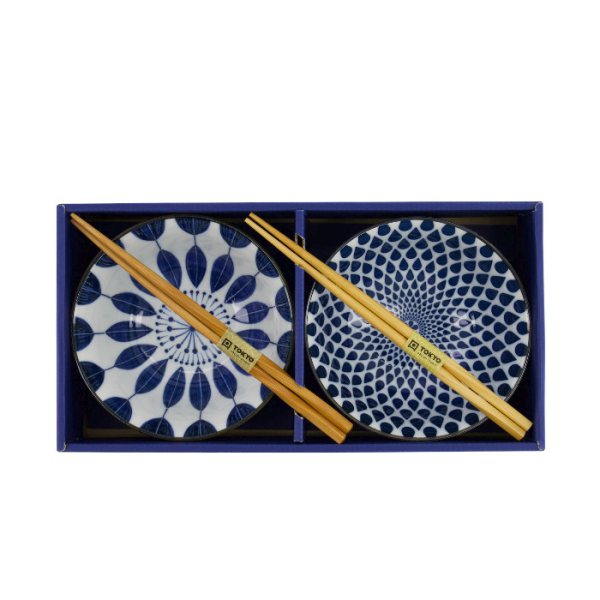 TDS, Tayo Bowl Giftset, 2 Pcs w/Chopsticks, Mixed Bowls, Blue/White, Ø 15x7cm 500ml, Item No. 33752