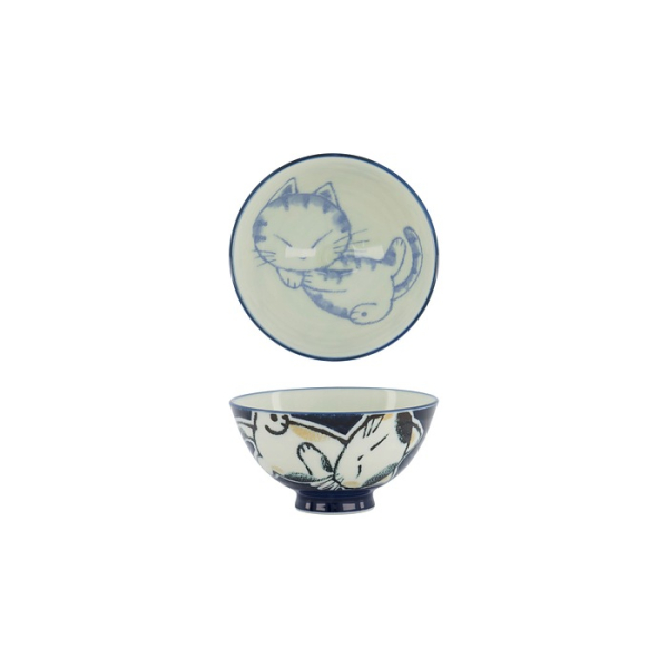 Tokyo Design Studio Rice Bowl Kawaii Sleeping Cat Blue, Porcelain, Ø 11.5 × 6 cm, 300 ml