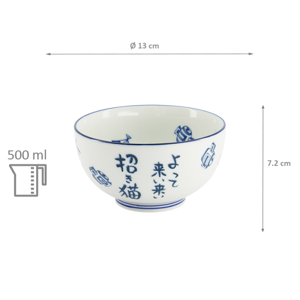 TDS, Bowl, Kawaii, Lucky Cat Okonomi, Blue/White, Ø 13x7.2cm 500ml - Item No. 33849
