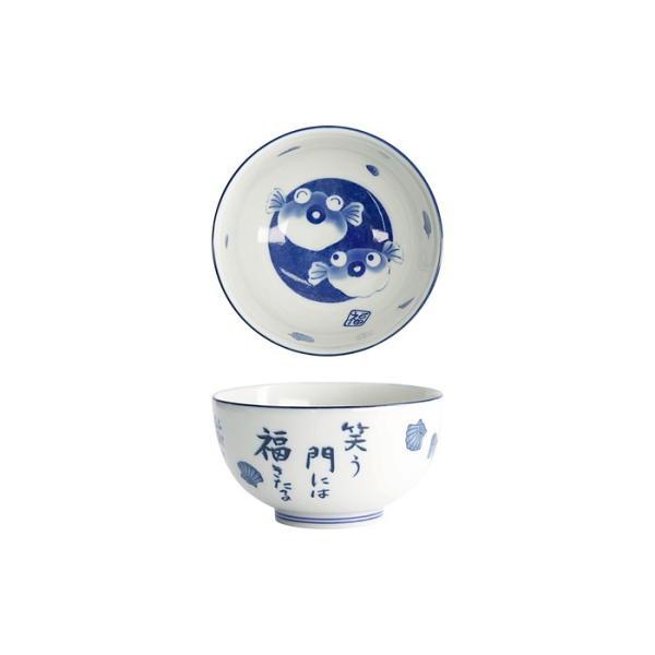 Tokyo Design Studio Bowl Kawaii Blowfish Okonomi Blue/White, Porcelain, Ø 13 × 7.2 cm, 500 ml
