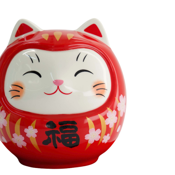 TDS, Lucky Cat, Daruma Coin Bank, Red, 14 cm - Item No. 34127