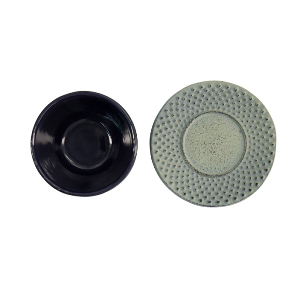 TDS, WY Tea Cup With Plate, Arare, Green/Grey, Cast Iron, Ø 7x5.5cm 120ml, Item No. 4269