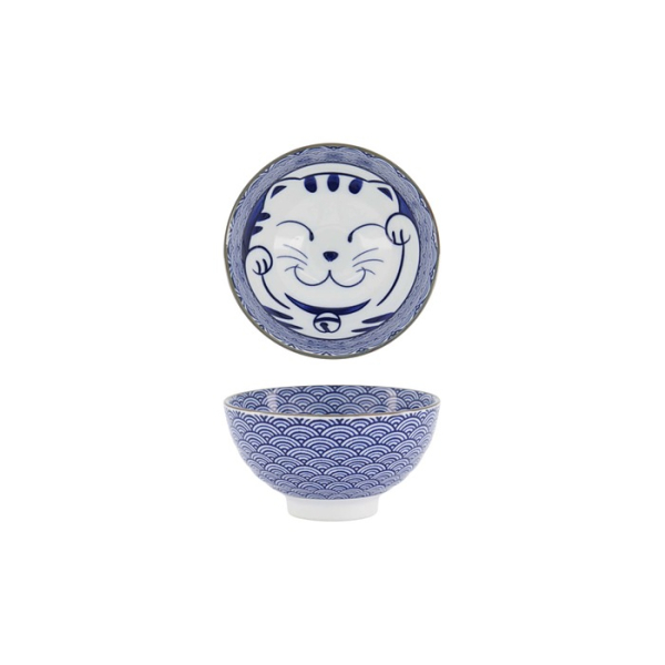Tokyo Design Studio Rice Bowl Kawaii Lucky Cat Neko Seikaiha-Neko Blue, Porcelain, Ø 12 × 6.3 cm