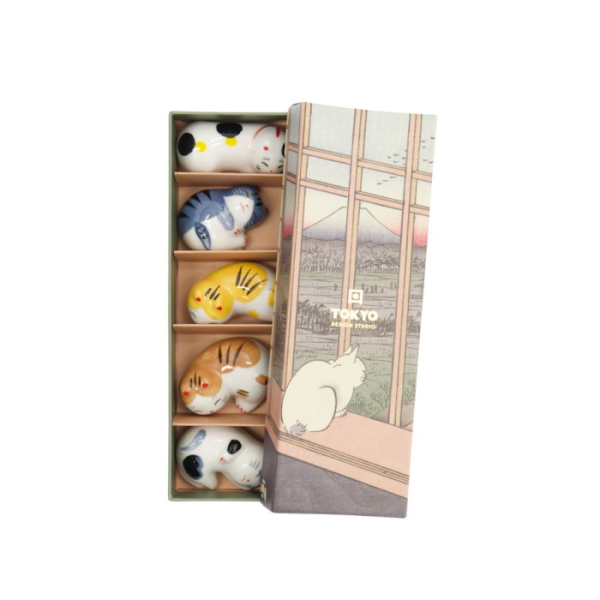 Chopstick Rest Set Kawaii Sleeping Cat Multicoloured, 5 pcs, Porcelain