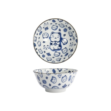 Tokyo Design Studio Rice Bowl Kawaii Lucky Cat Neko Blue (White/Blue), Porcelain, Ø 14.8 × 7 cm, 500 ml