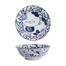Tokyo Design Studio Ramen Bowl Kawaii Cat Neko Blue (Blue/White), Porcelain, Ø 19.7 × 7.5 cm, 1 l