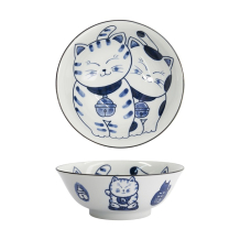 Tokyo Design Studio Ramenschale Kawaii Cat Neko Blau (Blau/Weiß), Porzellan, Ø 19,7 × 7,5 cm, 1 l