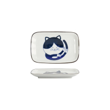 Tokyo Design Studio Rectangular Plate Kawaii Cat Neko D Blue/White, Porcelain, 16.3 × 10.2 cm