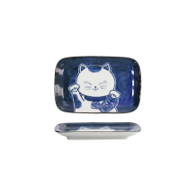 Tokyo Design Studio Rectangular Plate Kawaii Cat Neko F Blue/White, Porcelain, 16.3 × 10.2 cm
