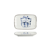 Tokyo Design Studio Rectangular Plate Kawaii Cat Neko G Blue/White, Porcelain, 16.3 × 10.2 cm