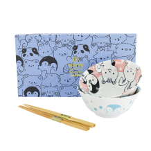 TDS, Tayo Schalen Set, Kawaii Cat Geschenkset, 2Stk mit Essstäbchen, Blau/Rosa, Ø 15.5x7cm 500ml, Art.-Nr. 33786