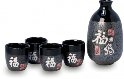 Edo Japan, Sake Grey set 1:4, Fu character , (260 ml + 50 ml), 5 pcs set, Item No. 6035041