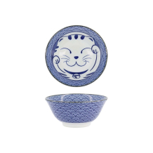 Tokyo Design Studio Tayo Bowl Kawaii Lucky Cat Neko Seikaiha-Neko Blue, Porcelain, Ø 15 × 7 cm, 550 ml