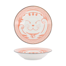 Tokyo Design Studio Pasta Plate Kawaii Lucky Cat Neko Seikaiha-Neko Red, Porcelain, Ø 21.3 × 4.7 cm