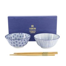 Tokyo Design Studio Tayo-Schalen-Geschenkset mit Essstäbchen Nippon Blue (Blau/Weiß), Porzellan, Ø 15,2 × 6,7 cm, 500 ml