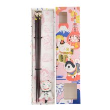 Tokyo Design Studio Essstäbchen-Set mit Ablage Lucky Cat A Weiß/Schwarz/Braun, 1 Paar, Holz/Porzellan, 23,5 cm