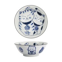 Tokyo Design Studio Ramen Bowl Kawaii Cat Neko Blue (Blue/White), Porcelain, Ø 19.7 × 7.5 cm, 1 l